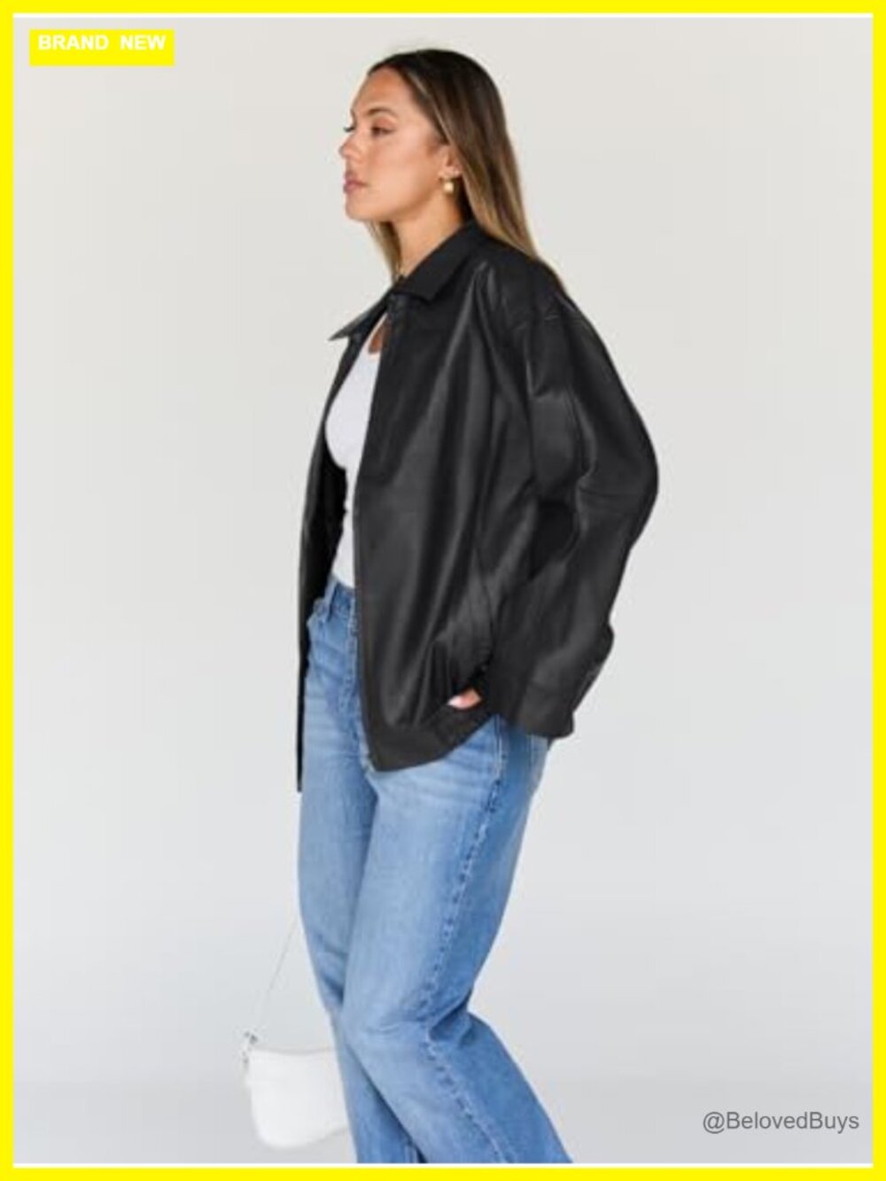 Oversized Faux Leather Moto Bomber Jacket for Spring Fall Layering - Picture 3 of 5